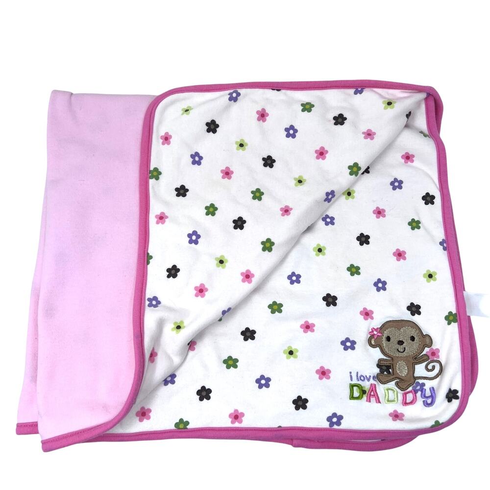 Carter's Baby Blanket I Love Daddy Monkey Flowers Reversible‎ Cotton Lovey